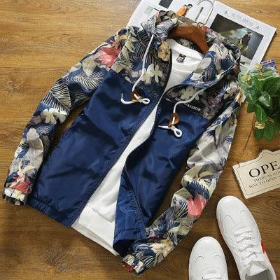 Men's slim-fit hooded jacket with camouflage print, zippered pocket, and premium chemical fibre blend fabric