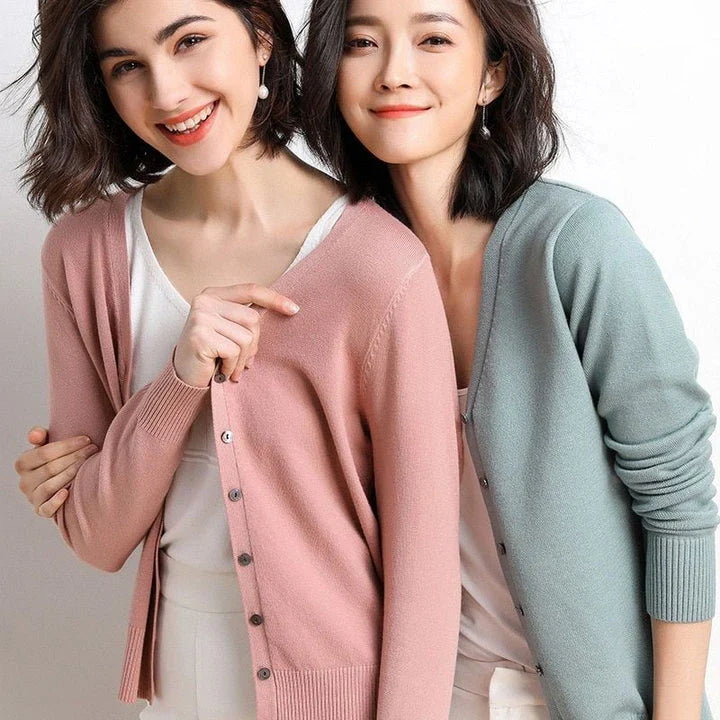 Chic v-neck single breasted cardigan in blue, green, and pink colours with a sophisticated and timeless design