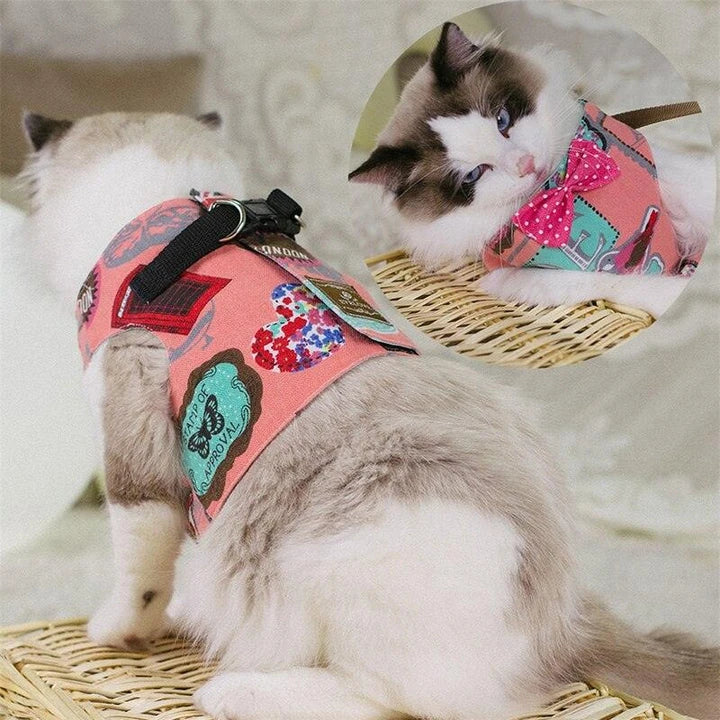 Premium cat harness with adjustable straps and leash for outdoor adventures, featuring a sophisticated gentleman's style design.