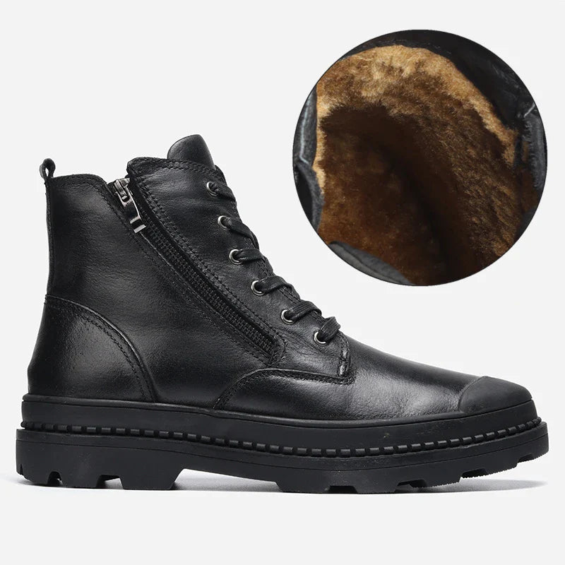 Premium black outdoor work boots with pointed toe, Martins-inspired design, and antiskid sole for British workers