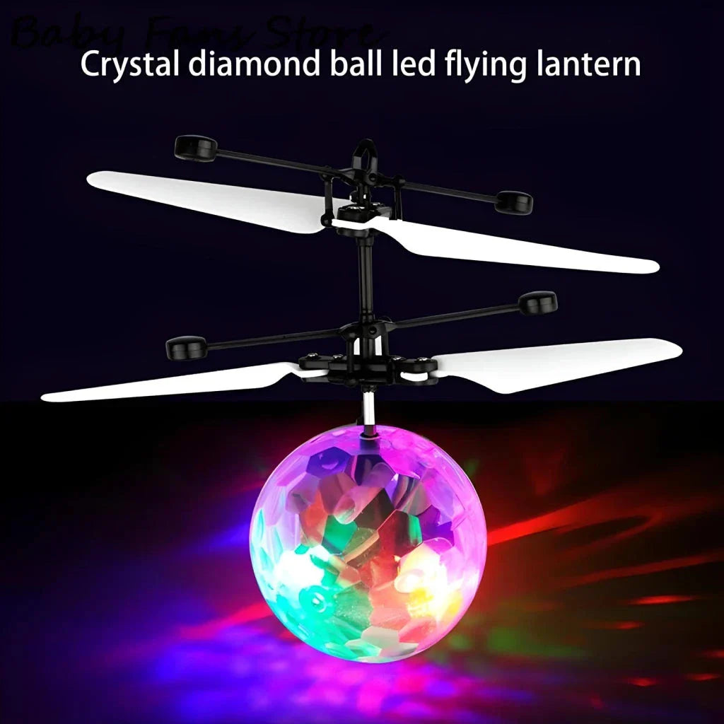 A neon-coloured LED magic hover ball floating and gliding effortlessly through the air, creating a mesmerizing visual display.