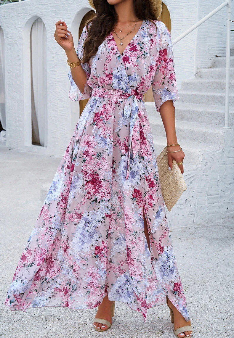Elegant V-Neck Floral Print Dress with Cinched Waist - Ankle-Length, Stretch Fabric, Versatile Design