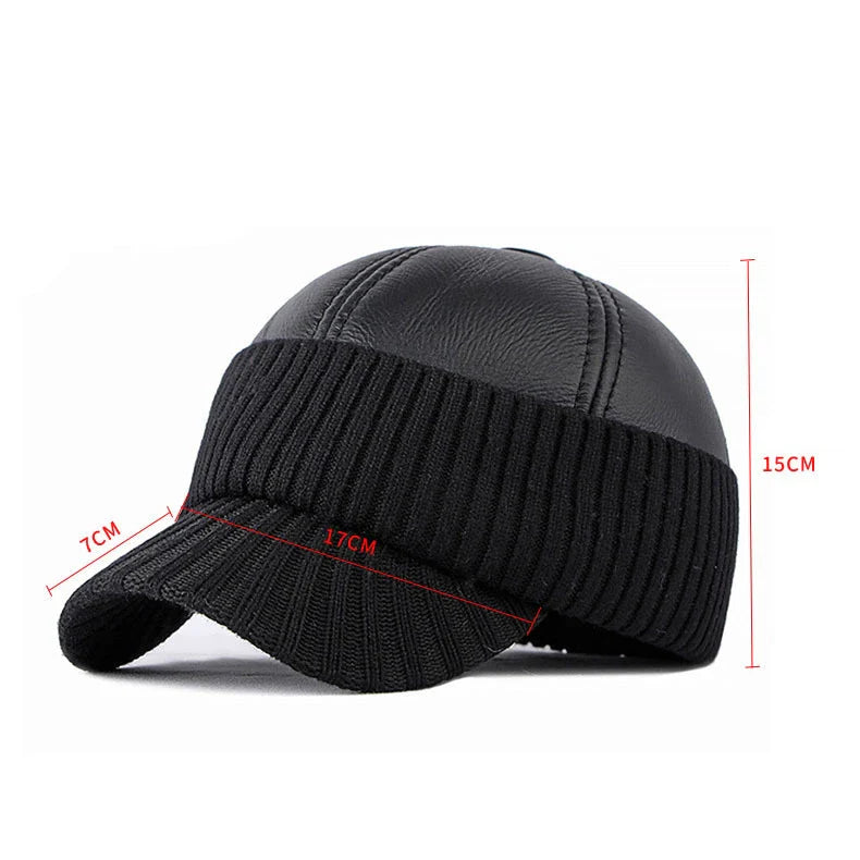 Men's Winter Baseball Cap with Leather Earflaps in Brown Colour