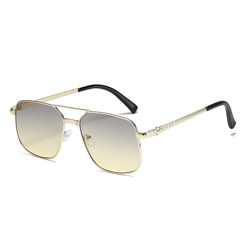 Trendy metal square frame sunglasses with vibrant yellow lenses and red gradient for a bold, modern look