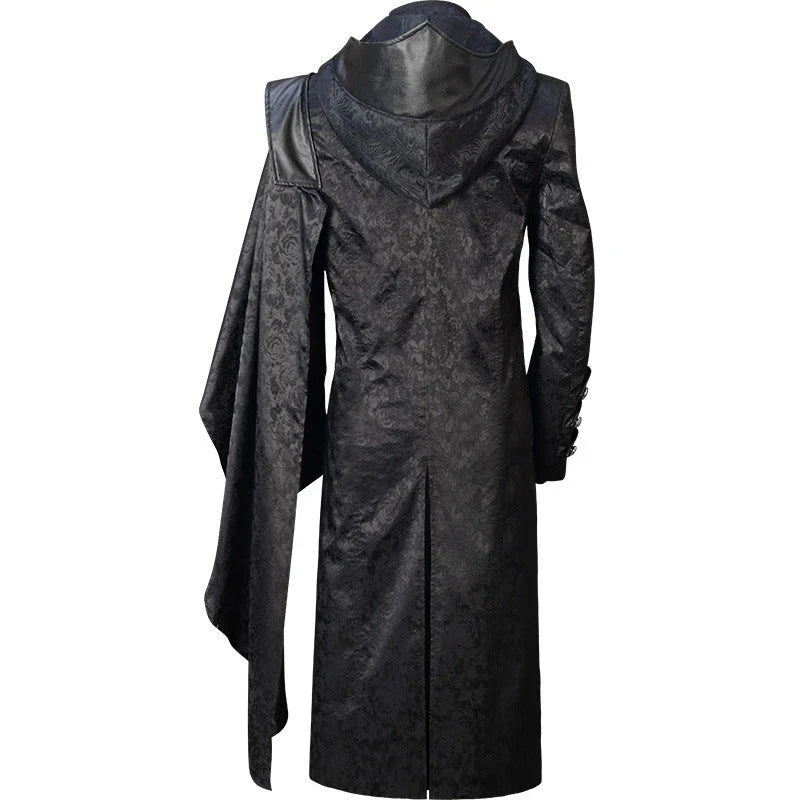 Black stand collar leather gothic cape coat with a flowing, dramatic silhouette