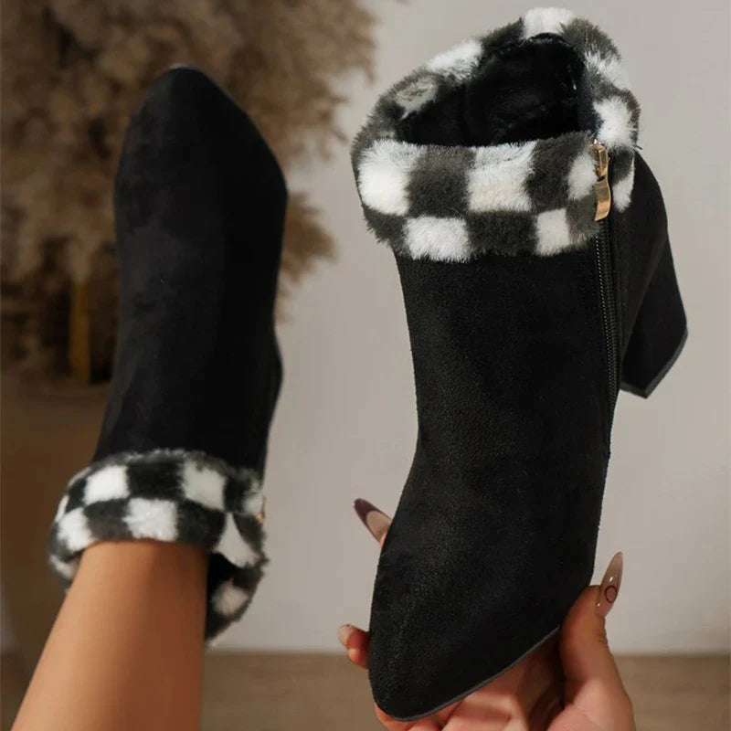 Premium plaid print ankle boots with a cosy lining, sturdy square heel, and versatile design for stylish winter wear