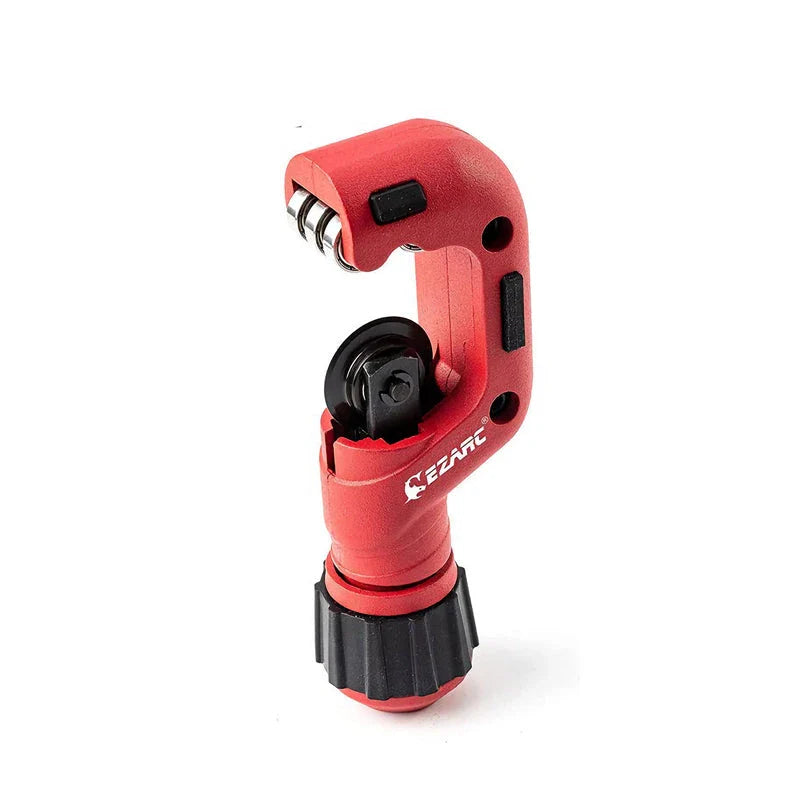 A heavy-duty pipe cutter with a red aluminium alloy body and a steel cutting wheel, designed for precise and effortless pipe cutting in plumbing, electrical, and DIY projects.