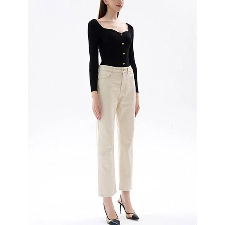 Classic high-waisted straight-leg jeans for women in a timeless British style