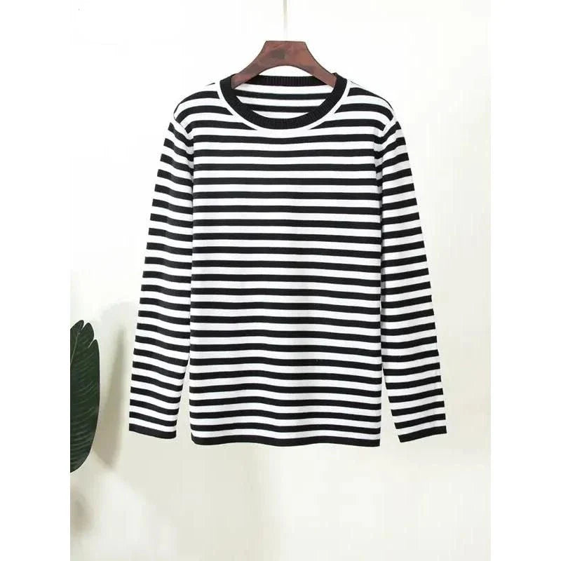 Autumnal knitted stripe jumper in a casual, relaxed style suitable for women during the autumn and winter seasons