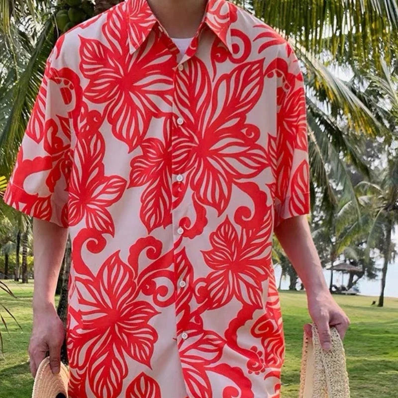 Retro Red Vine Printed Short-Sleeve Shirt for Men - Stylish British Fashion Garment with Vintage Inspired Design