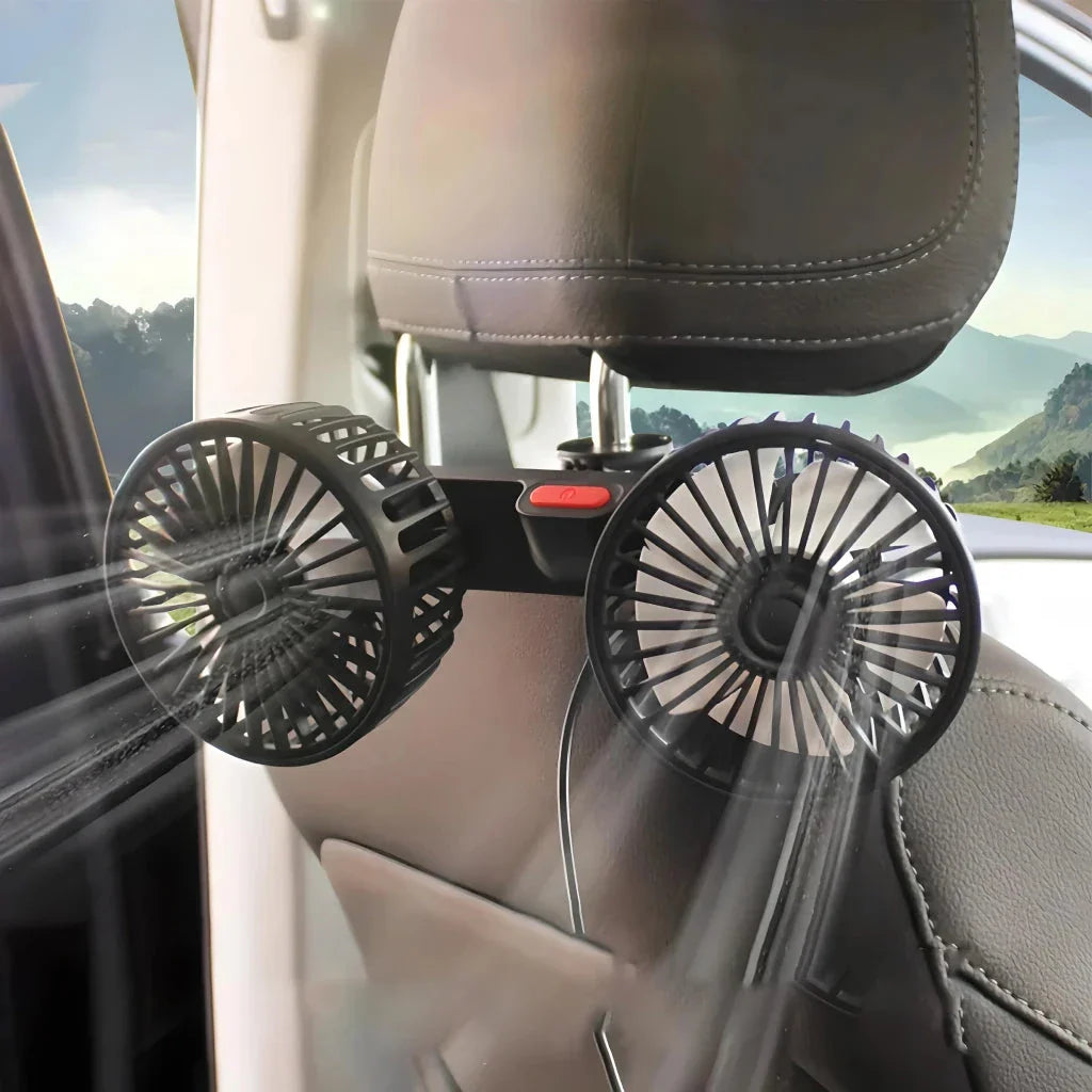 Powerful dual-head car seat cooling fan with flexible neck for customizable airflow in any vehicle