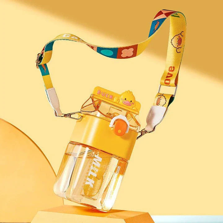 Charming cartoon-themed reusable plastic cup with straw and tea infuser, perfect for daily hydration and on-the-go use