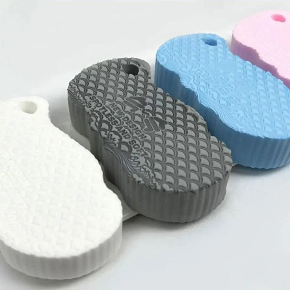 Luxurious white exfoliating bath sponge with a unique hardening design for hygienic and convenient use