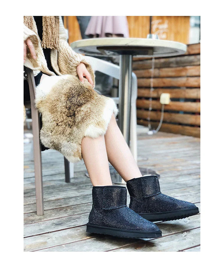 Premium rhinestone-embellished ankle boots for women, featuring a shimmering upper and durable rubber sole for winter wear