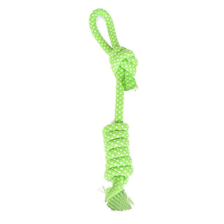 Robust cotton bone-shaped braided toy for dogs, designed to withstand chewing and promote dental health