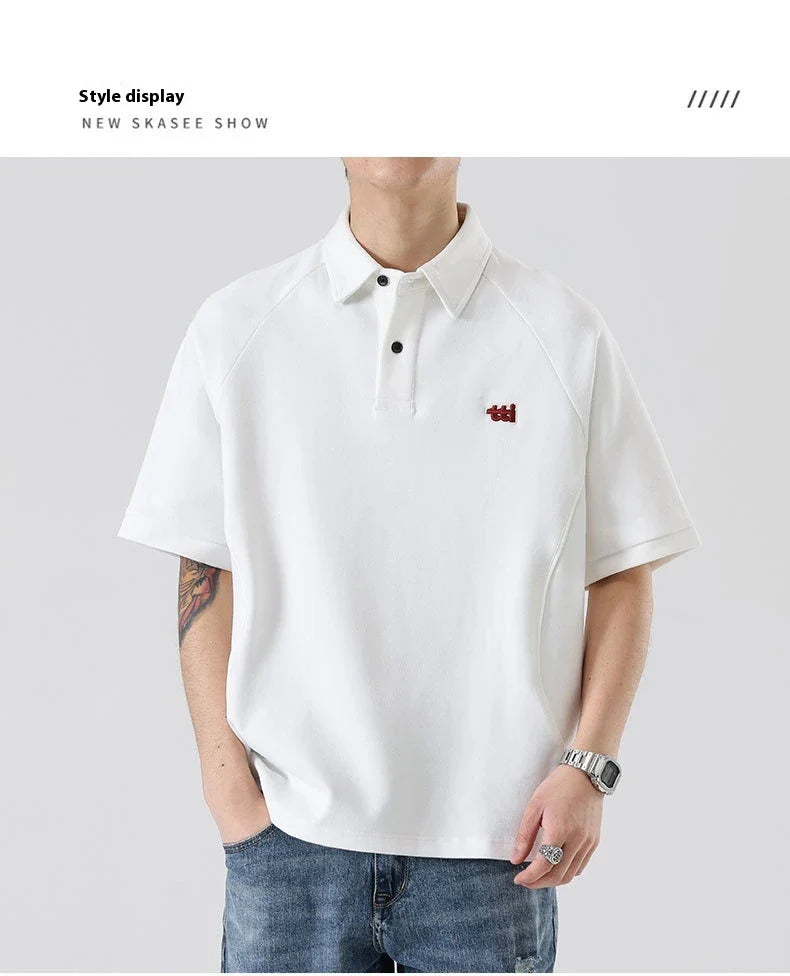 Retro Short Sleeve Men's T-shirt with Embroidered Design in Dark Brown, White, and Grey Colours