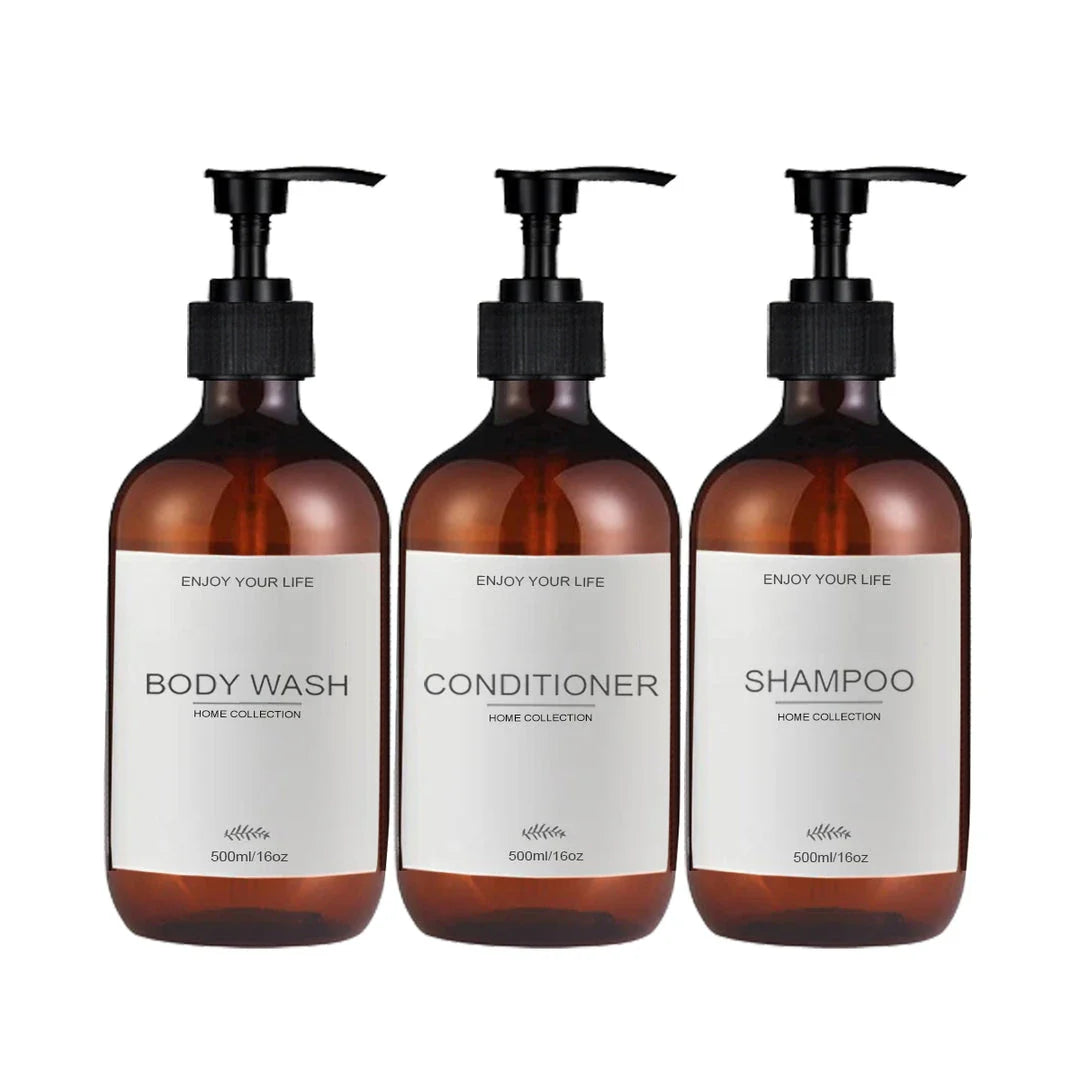Elegant 500ml British soap and shampoo dispensers in various colours, designed to organise and elevate your bathroom space