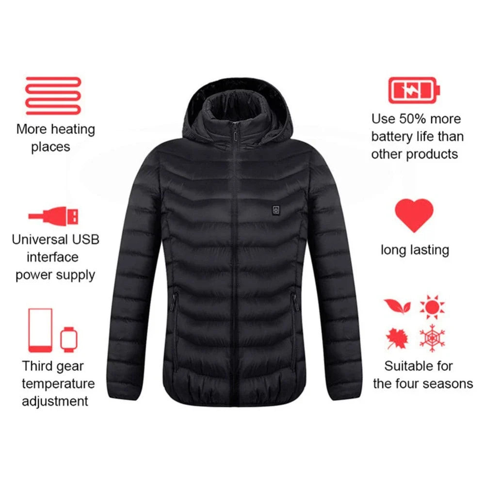 A stylish heated jacket with a removable hood, designed for warmth and comfort in chilly British weather.