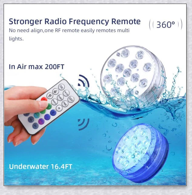 Submersible colour-changing LED pool lights with magnetic and suction cup mounting for easy installation