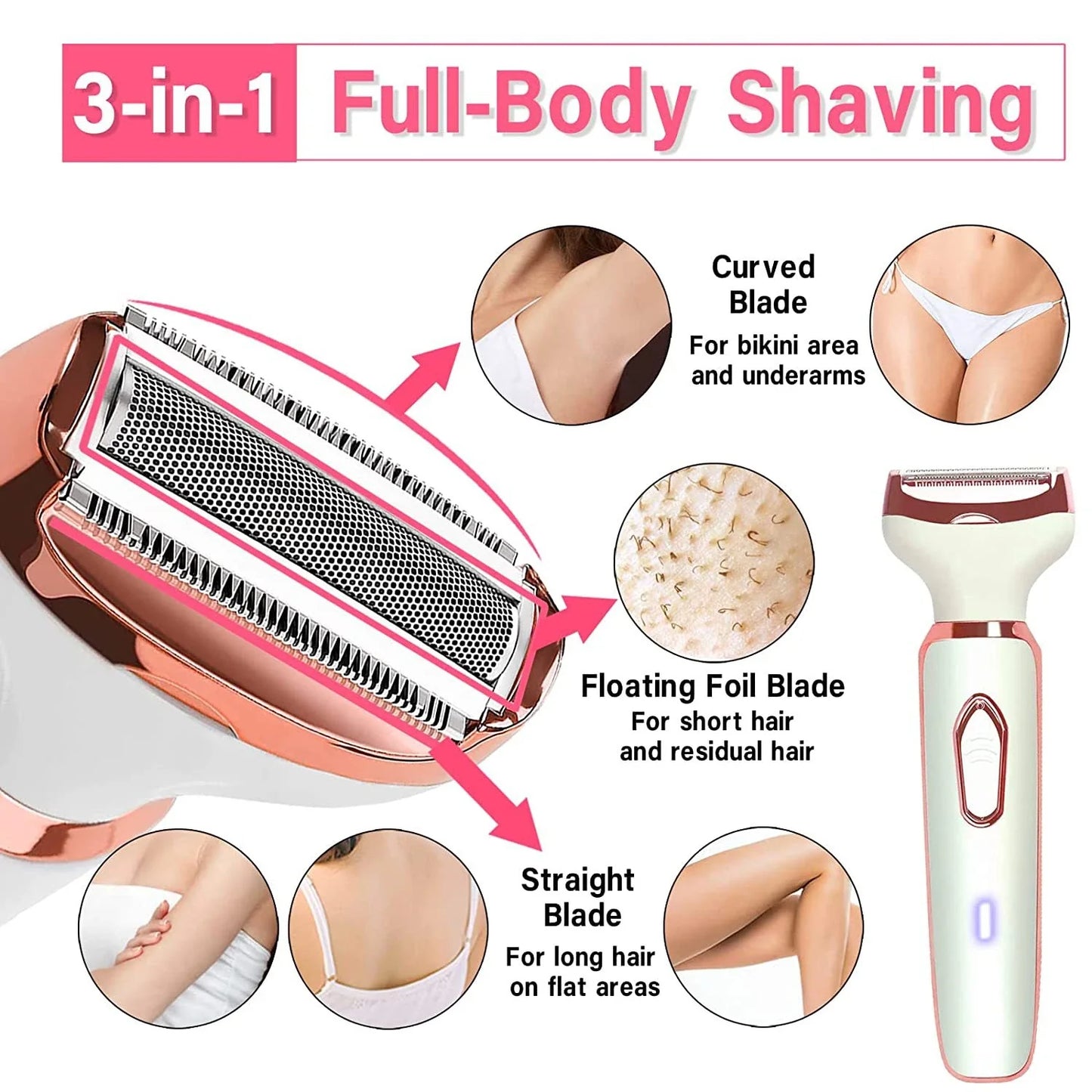 4-in-1 Women's Electric Shaver and Eyebrow Trimmer with USB Charging, Includes Shaving, Nose Hair, Eyebrow, and Precision Comb Attachments
