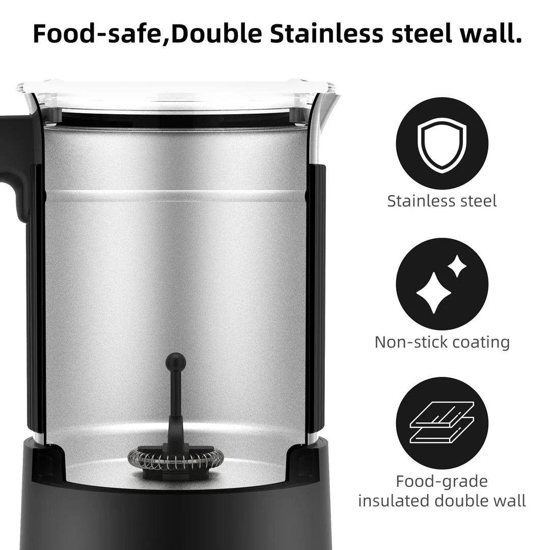 A stainless steel and black 5-in-1 automatic milk frother that can create hot, cold, and frothed milk for delicious coffee, latte, cappuccino, and hot chocolate drinks