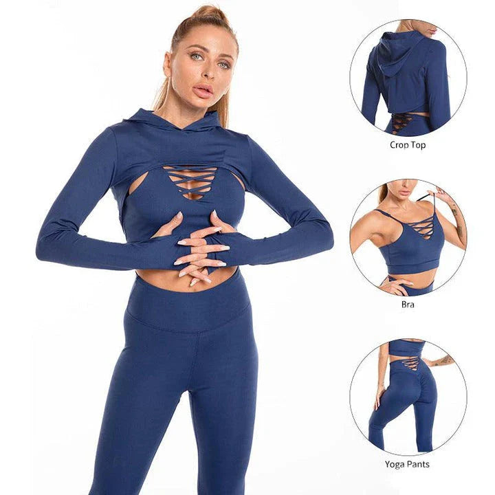 A 3-piece sports set including a hooded top, sports bra, and high-waisted leggings in a black colour scheme.