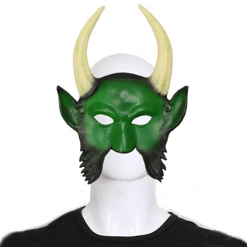 A chilling Halloween mask with long, twisted horns and a fearsome, ghostly expression, crafted from premium acrylic materials.