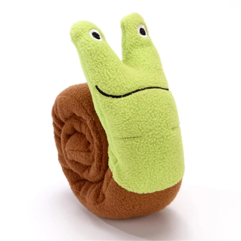 A plush snail-shaped snuffle mat toy with hidden treat pockets, designed to stimulate a dog's natural foraging instincts.