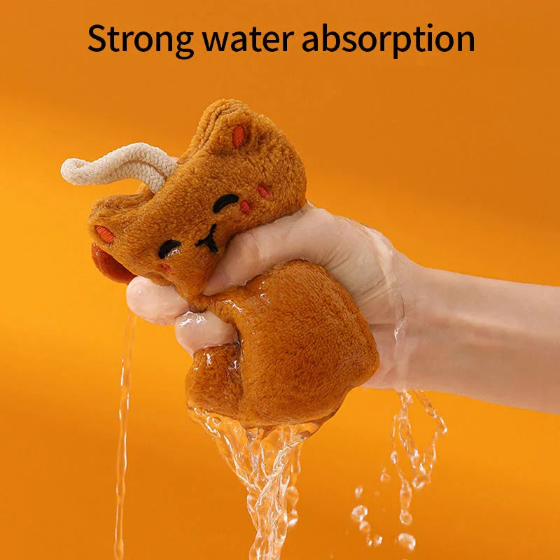 Soft, absorbent coral velvet cat-shaped hand towel with convenient hanging lanyard