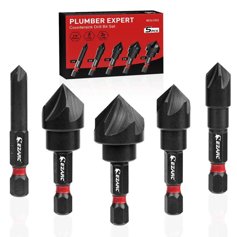 Premium 5-Piece Countersink Drill Bit Set for precise metalworking projects, featuring 82-degree angle and 5-flute design for smooth and accurate countersinking.