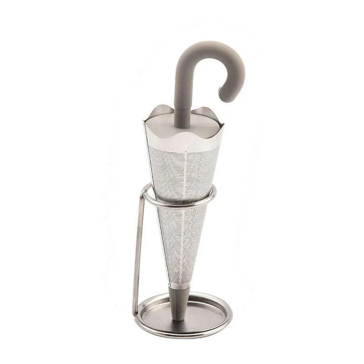 Silicone and stainless steel tea strainer with an umbrella-inspired design, available in various colours