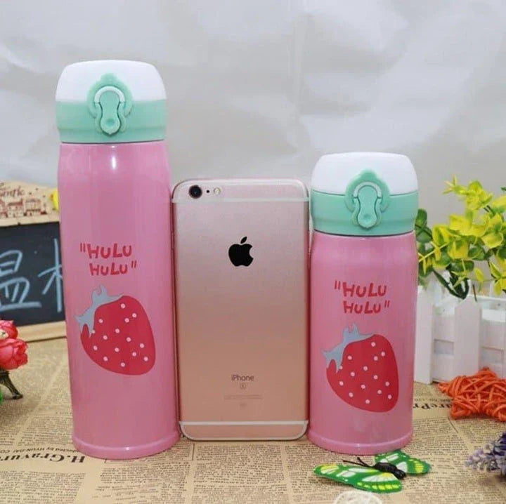 Premium stainless steel vacuum insulated thermos bottle with vibrant fruit print design, perfect for keeping children's drinks hot or cold.