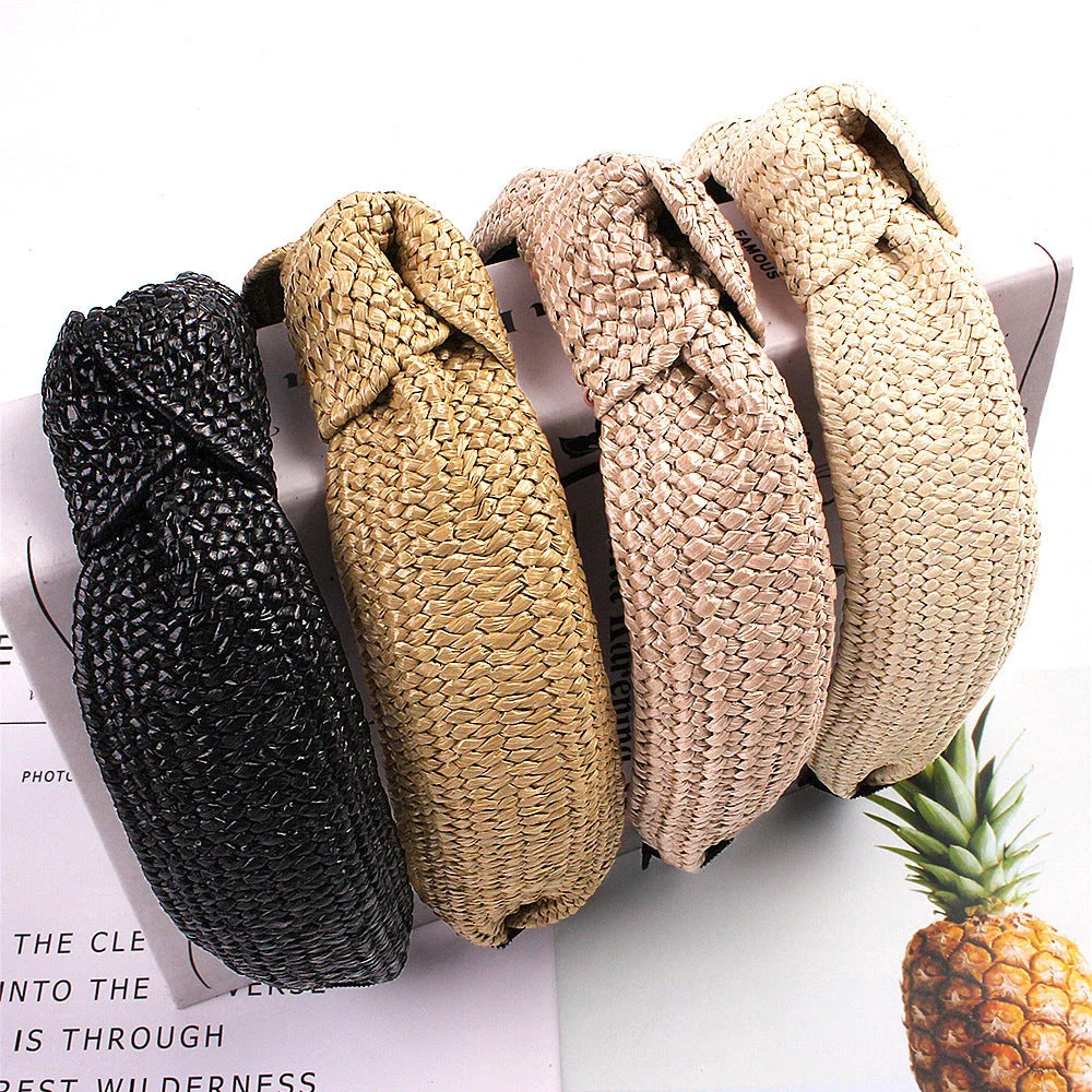 Fashionable solid colour knotted headbands for women, made from high-quality hemp and rubber materials for comfort and style.