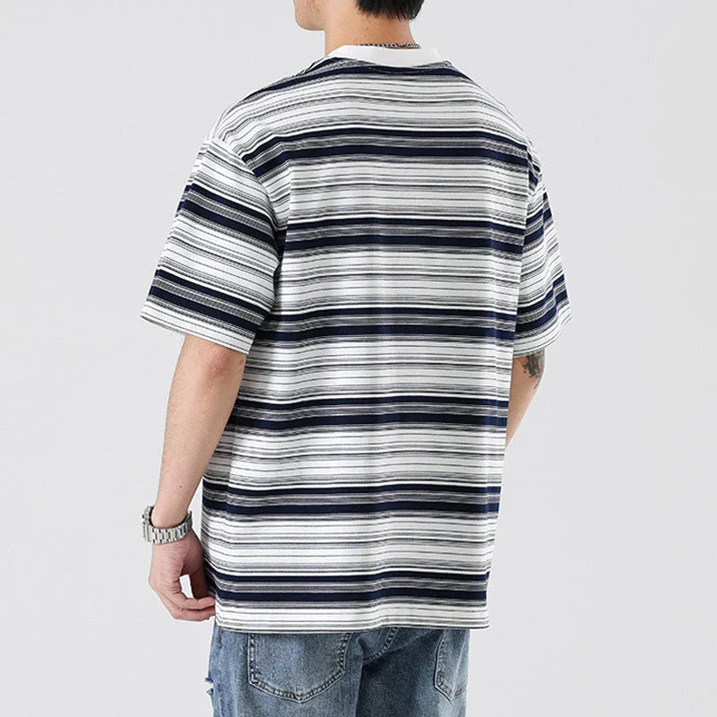 Retro contrast color striped teen t-shirt in navy blue, perfect for casual summer looks