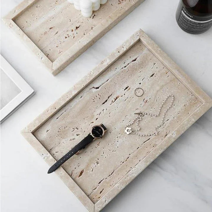 Handcrafted beige travertine marble tray with polished finish, versatile for use in vanity, kitchen, and around the home
