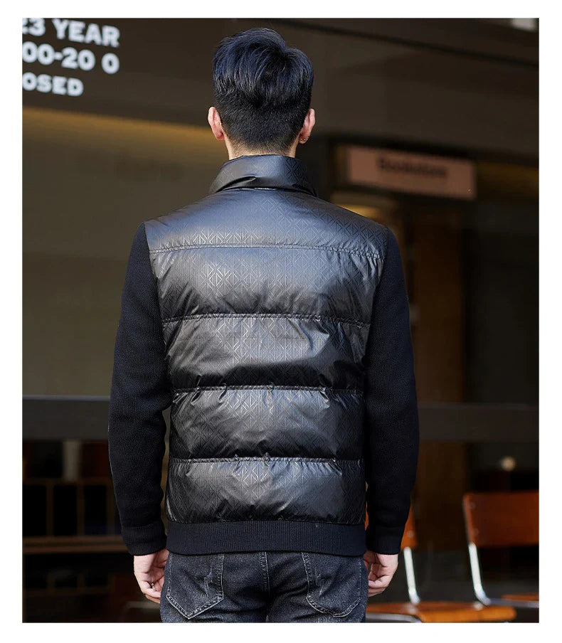Warm and weatherproof men's down jacket with stand collar and knitted sleeves, made from premium polyester fibre and filled with luxurious duck down
