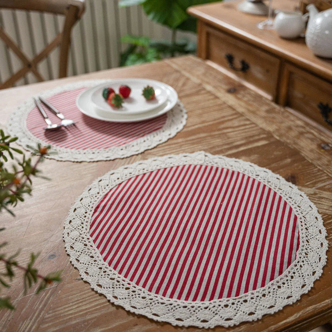 Elegant geometric lace placemats in red and blue stripes, designed to protect and decorate your dining table
