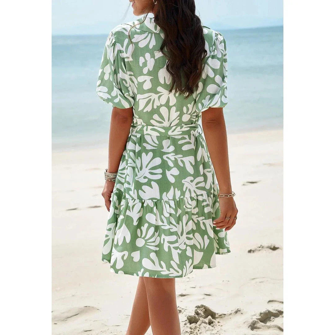 Elegant Geometric Print Mini Dress in Khaki with A-Line Silhouette and V-Neckline