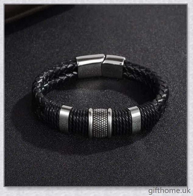 Premium black braided leather and stainless steel men's bracelet with adjustable sizing for a comfortable, custom fit