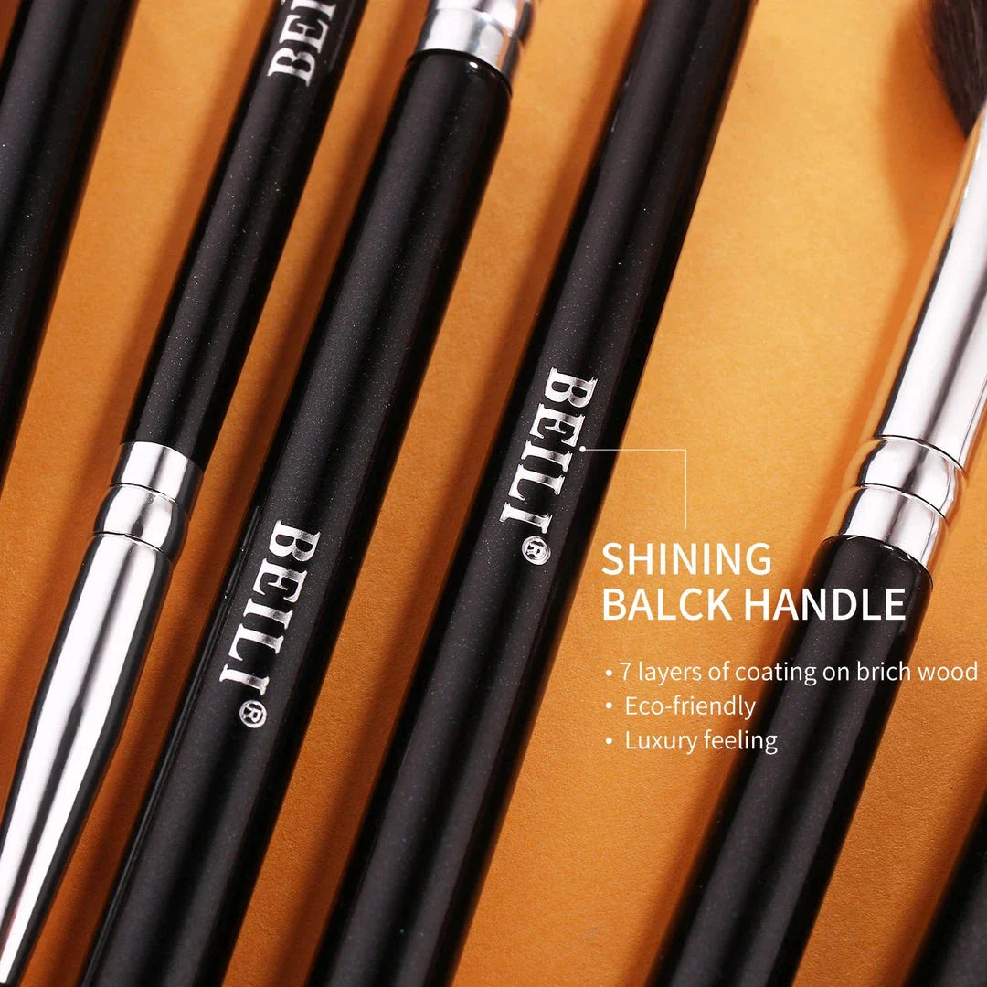 Set of 15 professional eye makeup brushes in a sleek black design, including brushes for brows, lashes, eyeliner, and eyeshadow blending.