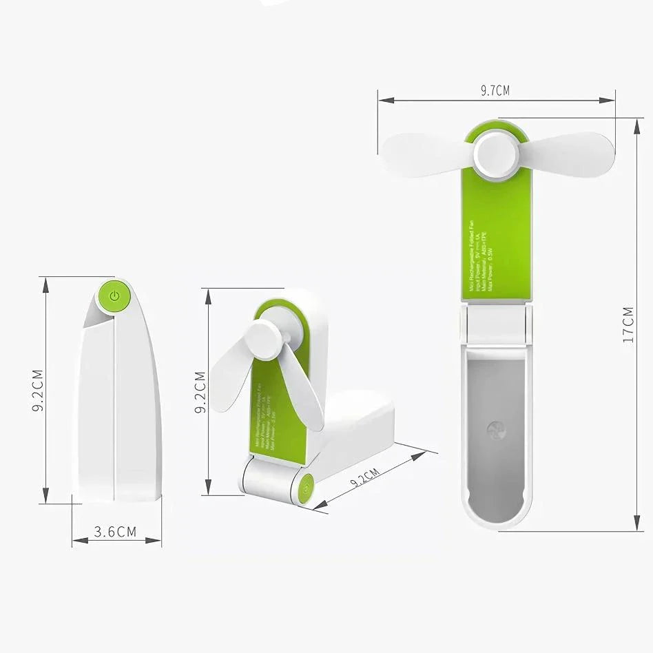 Compact rechargeable handheld fan in pink and green colours, providing powerful cooling on the move