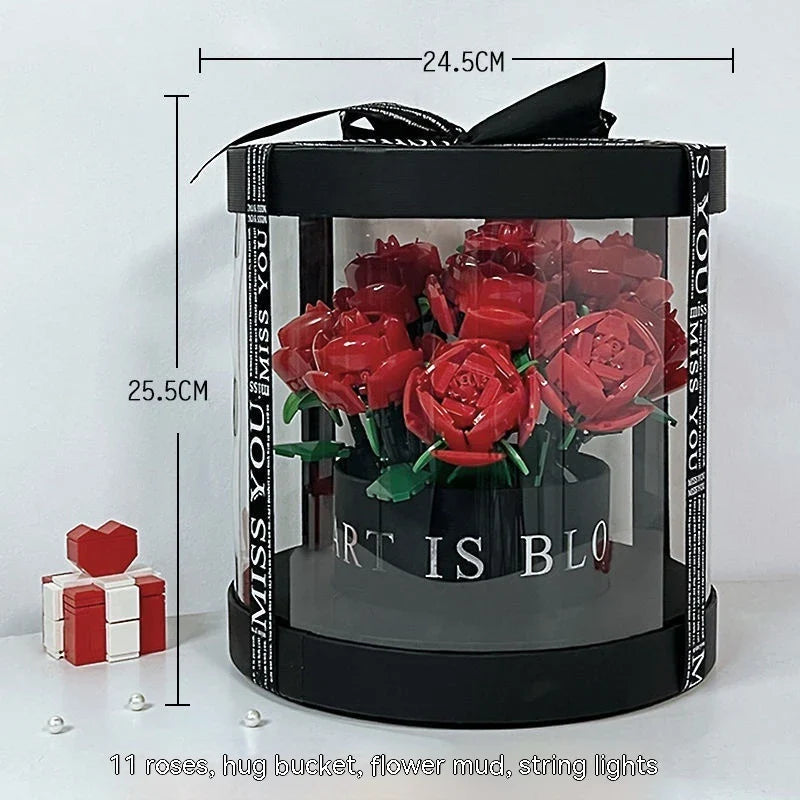 Elegant rose bouquet flower pot with 11 vibrant rose blooms in pink, red, or blue