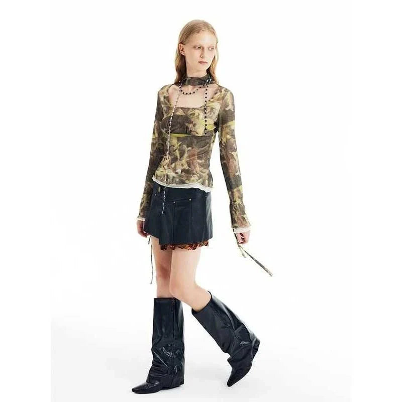Retro Y2K Mesh Drawstring Flare Sleeve Crop Top - Unique British Fashion Statement with Steampunk Art Design