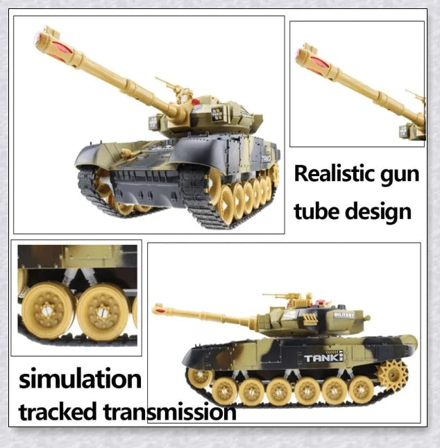 Remote-controlled military tank with flexible tracks, realistic sound effects, and firing simulation for thrilling battles and outdoor adventures