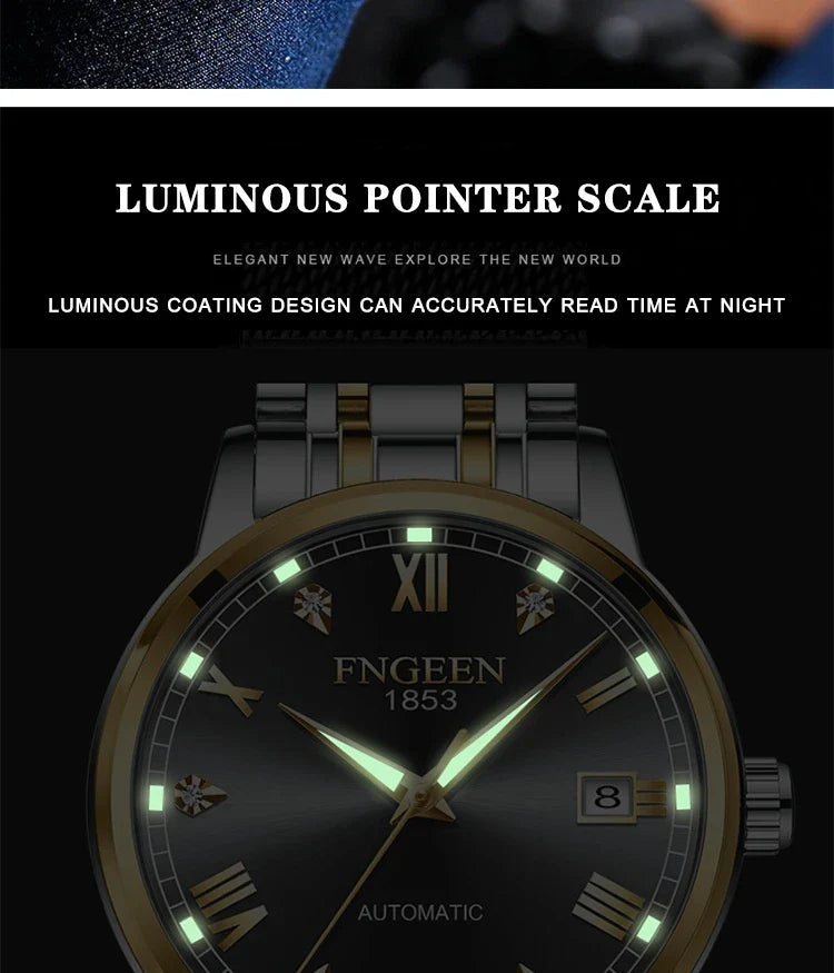 Premium automatic mechanical watch with leather strap, featuring a stainless steel case, luminous hands and markers, and a stylish British-inspired design