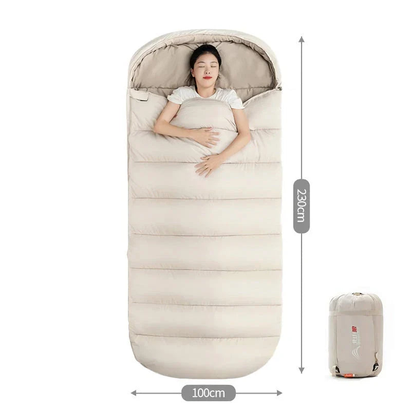Premium 3-season sleeping bag with spacious design, warm yet breathable fabric, and removable liner for easy cleaning