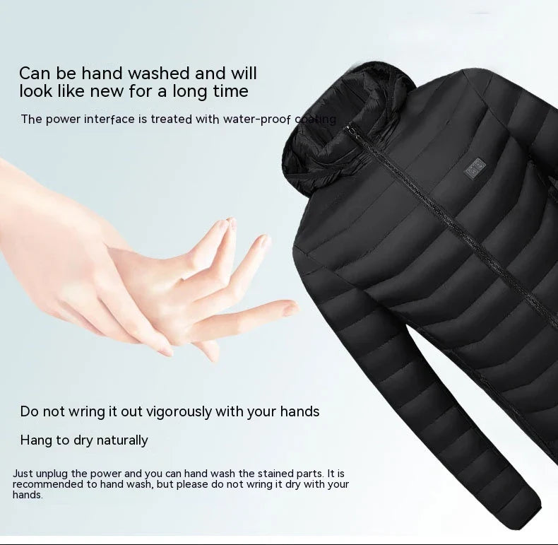 A stylish heated jacket with a removable hood, designed for warmth and comfort in chilly British weather.