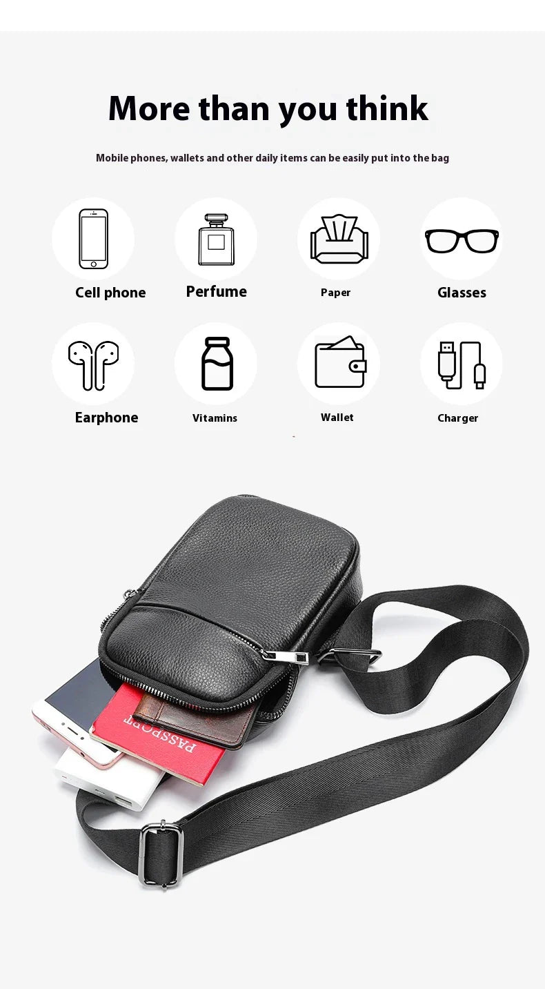 A premium genuine leather crossbody bag with an urban, minimalist design, perfect for everyday use and outdoor adventures.