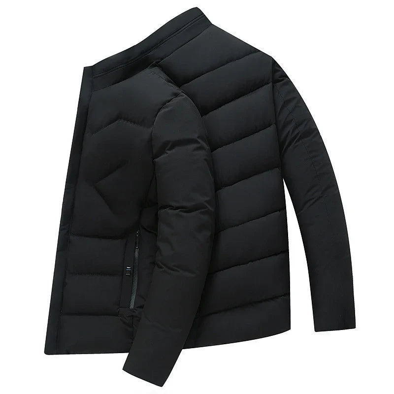 Premium cotton-padded jacket with stand collar and zip closure, available in gray, black, and navy blue
