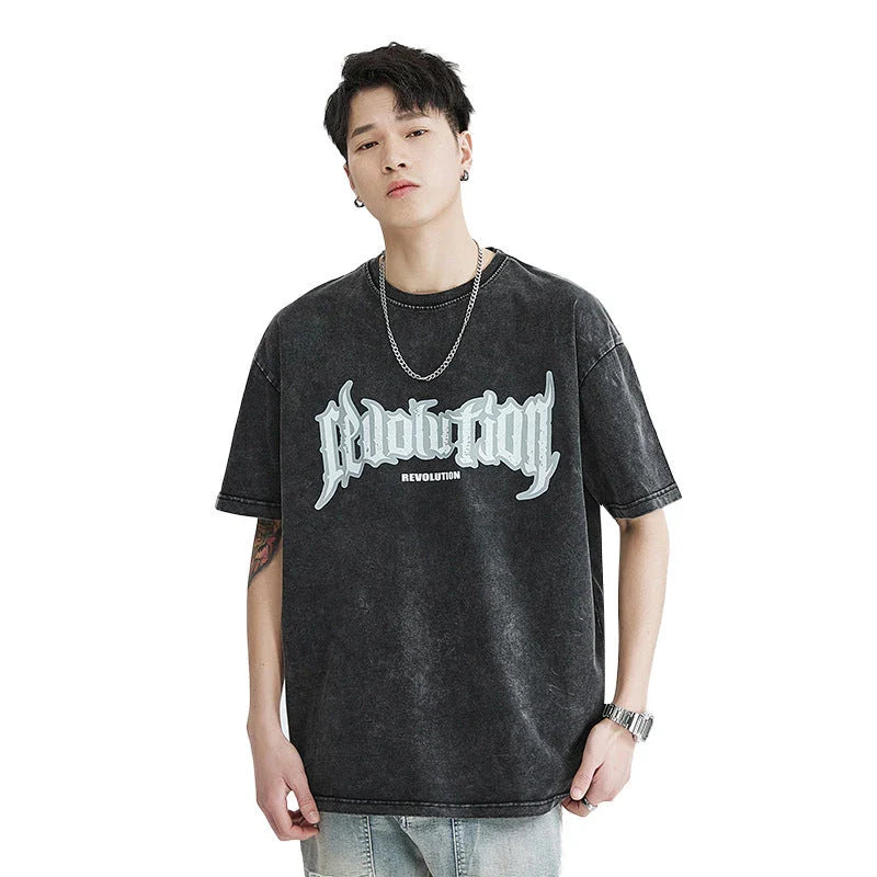 Premium vintage-inspired short-sleeved t-shirt in a distressed black colour, made of soft pure cotton fabric